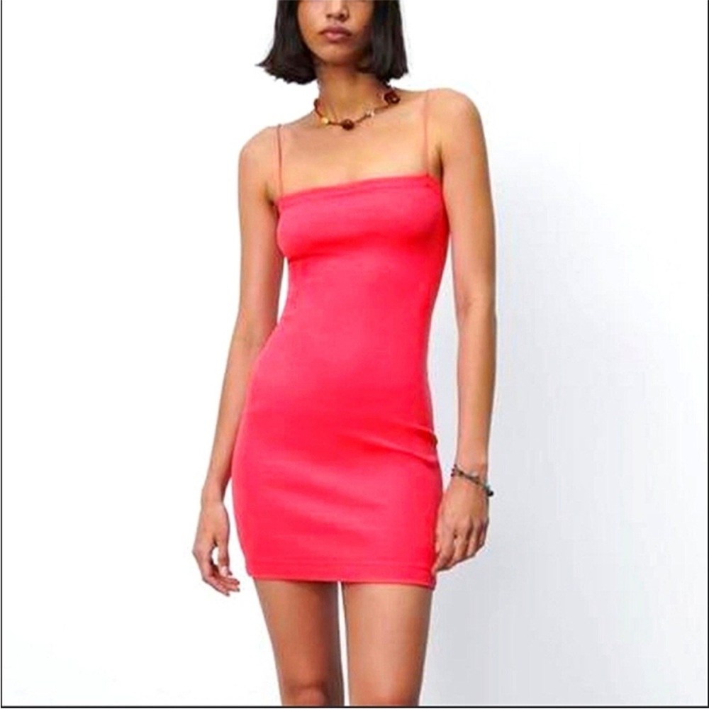 LIKE NEW -ZARA HOT PINK RIBBED BODYCON TANK MINI  DRESS, SIZE MEDIUM